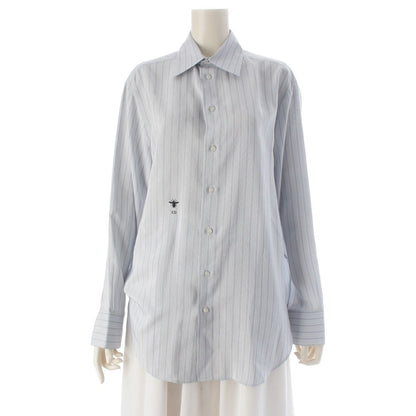 Dior Silk Stripe Bee Embroidery Shirt Blouse Top Light Blue 34