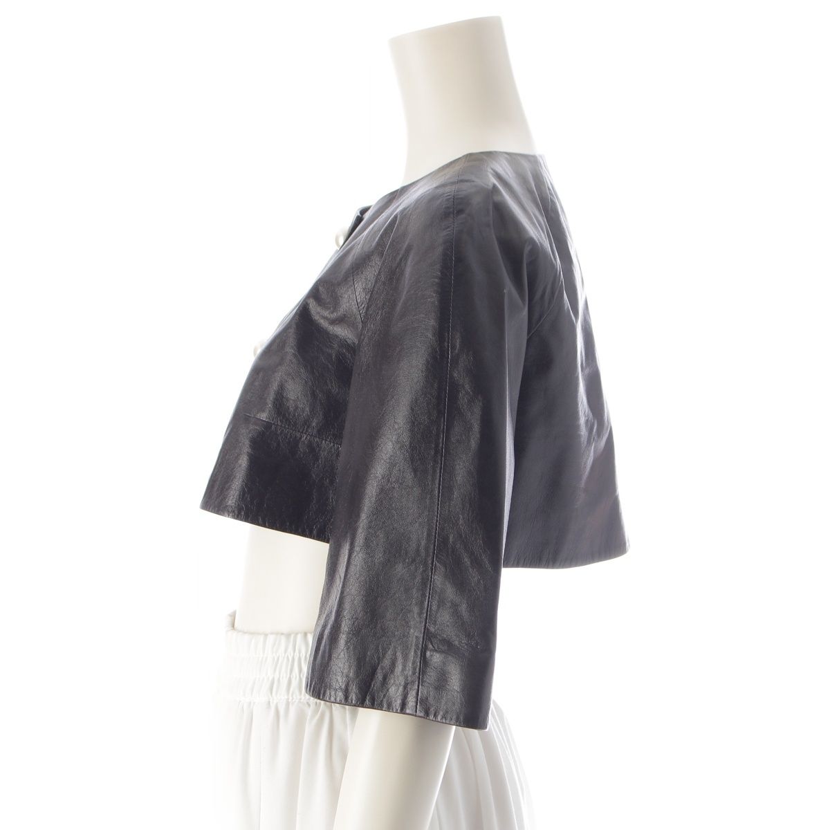 Chanel Lambskin Leather CC Logo Pearl Button Cropped Jacket Black 36 — view 3