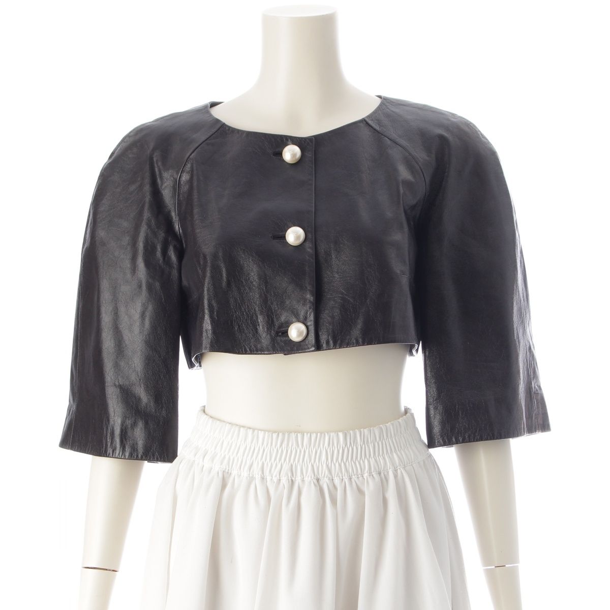 Chanel Lambskin Leather CC Logo Pearl Button Cropped Jacket Black 36