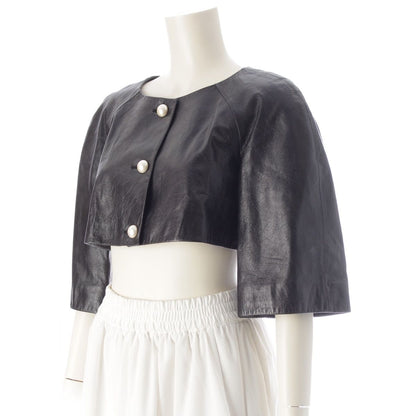 Chanel Lambskin Leather CC Logo Pearl Button Cropped Jacket Black 36 — view 2