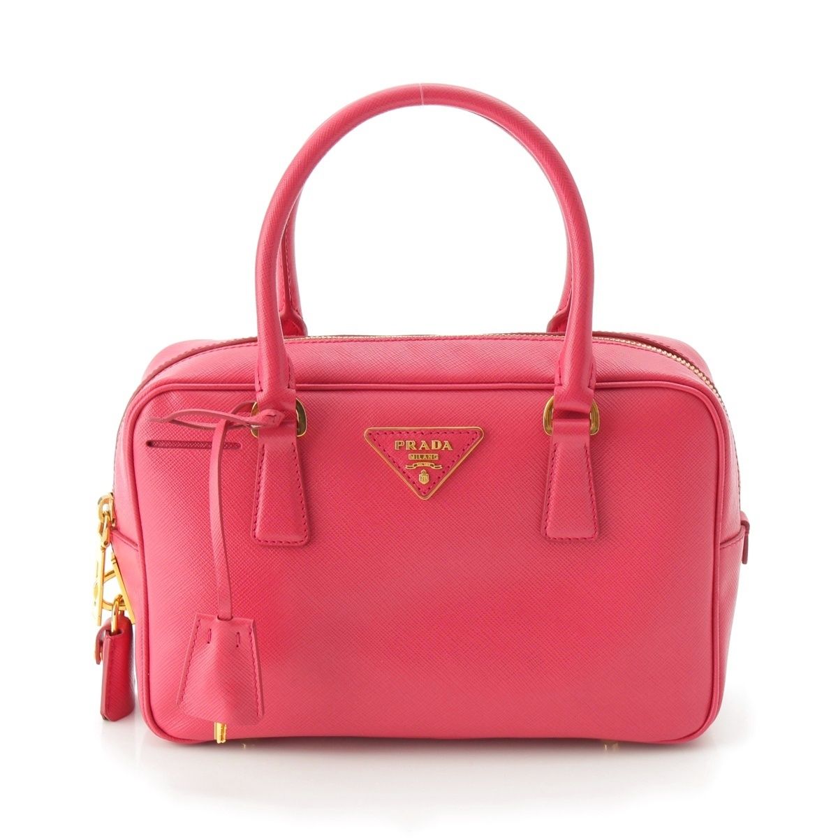 Prada Saffiano Luxe Leather Triangle Logo Mini Boston Handbag Pink