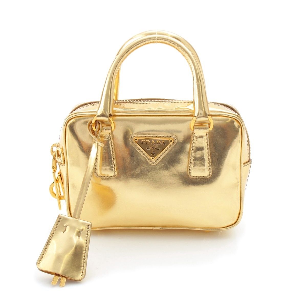 Prada Leather Triangle Logo Mini 2-Way Chain Shoulder Bag Gold