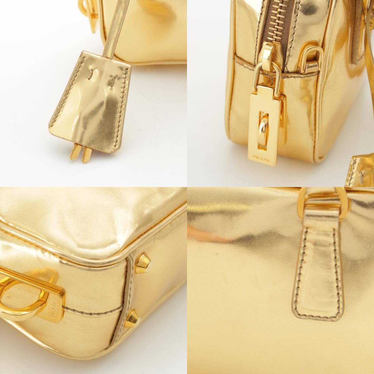 Prada Leather Triangle Logo Mini 2-Way Chain Shoulder Bag Gold — view 9