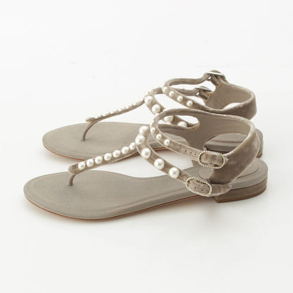 Chanel Velour CC Logo Pearl Strap Sandals Gray Ju 36 1 2C — view 2