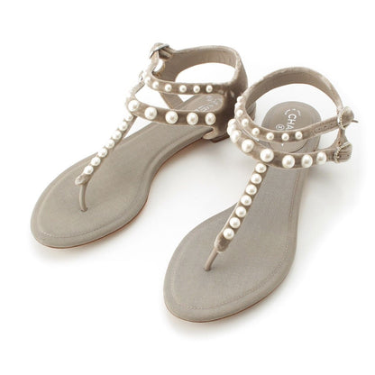 Chanel Velour CC Logo Pearl Strap Sandals Gray Ju 36 1 2C