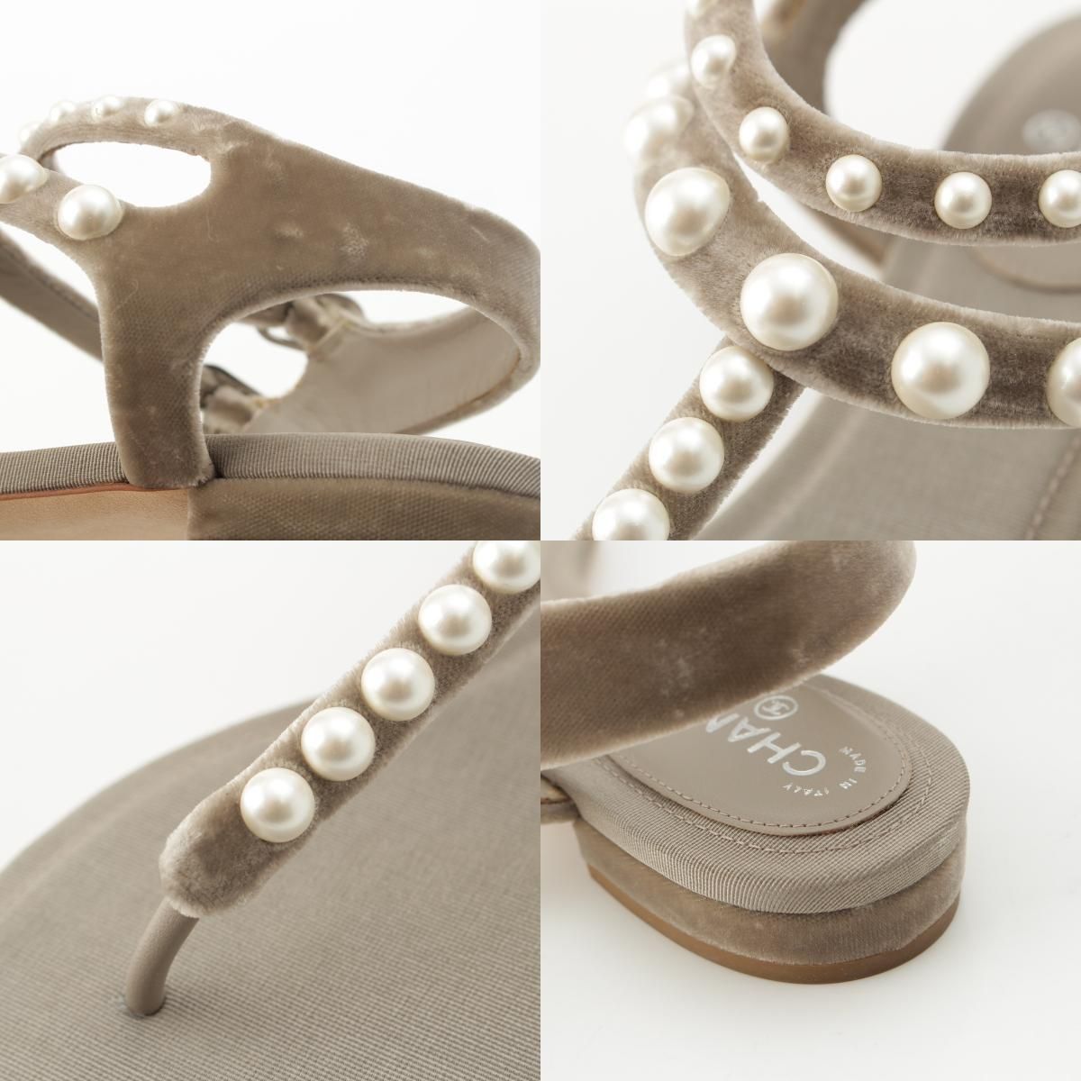 Chanel Velour CC Logo Pearl Strap Sandals Gray Ju 36 1 2C — view 9