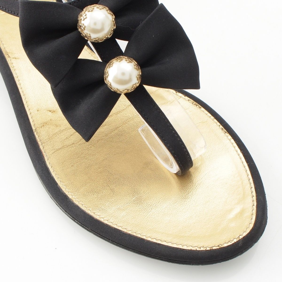 Chanel Pearl CC Logo Ribbon Sandals Black Gold 36 1 2C — view 6