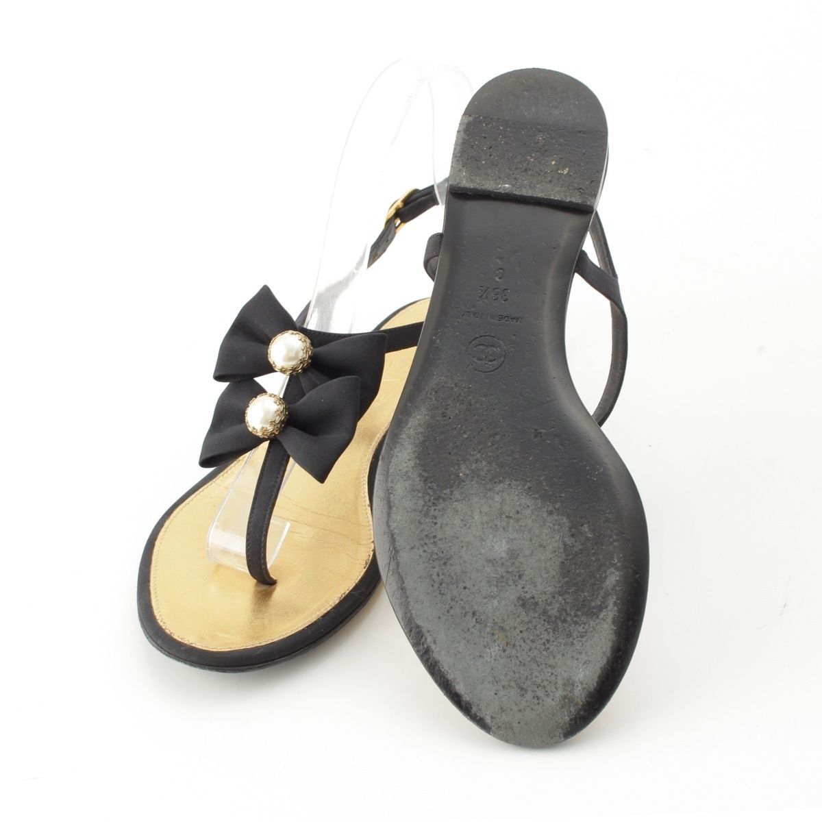 Chanel Pearl CC Logo Ribbon Sandals Black Gold 36 1 2C — view 5