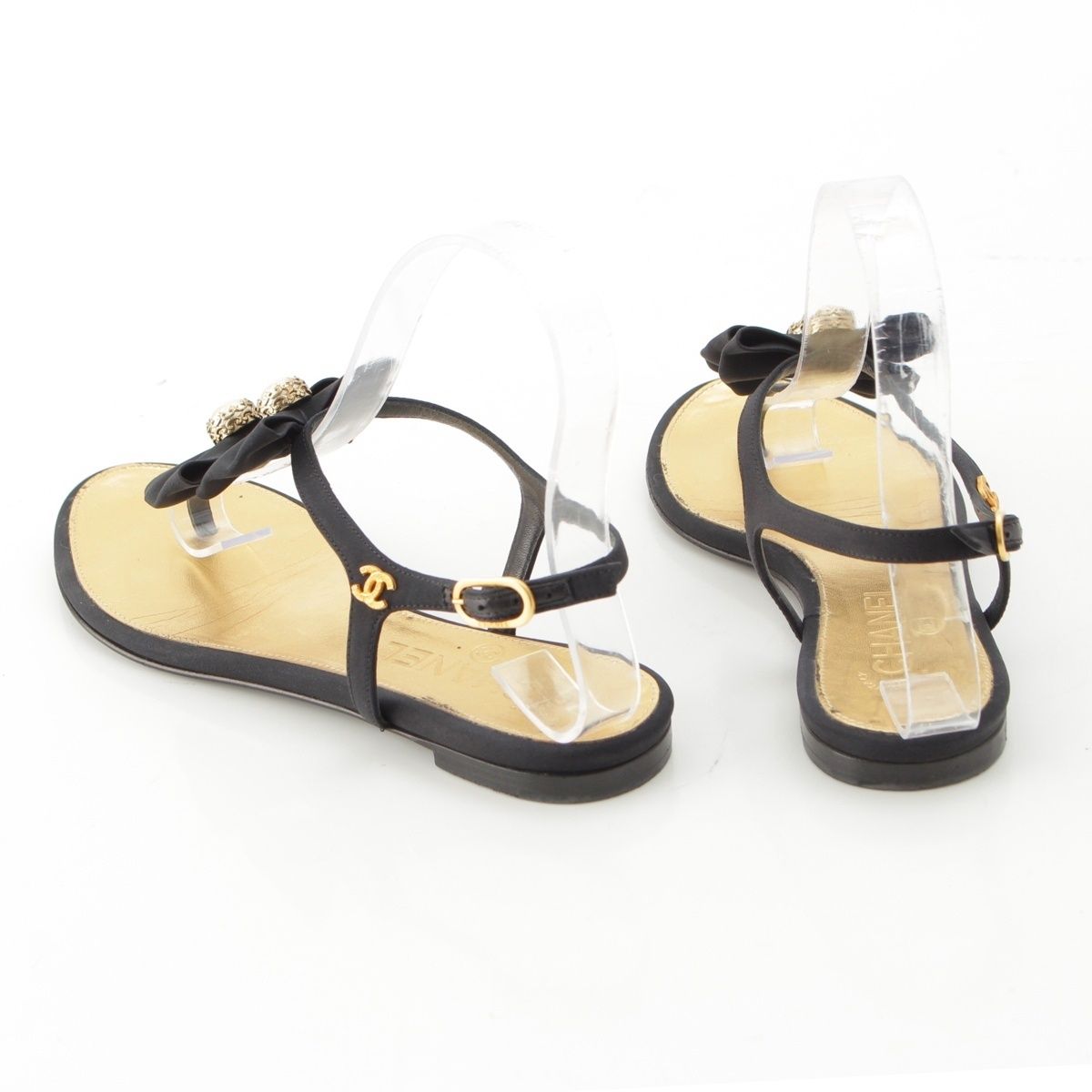 Chanel Pearl CC Logo Ribbon Sandals Black Gold 36 1 2C — view 4