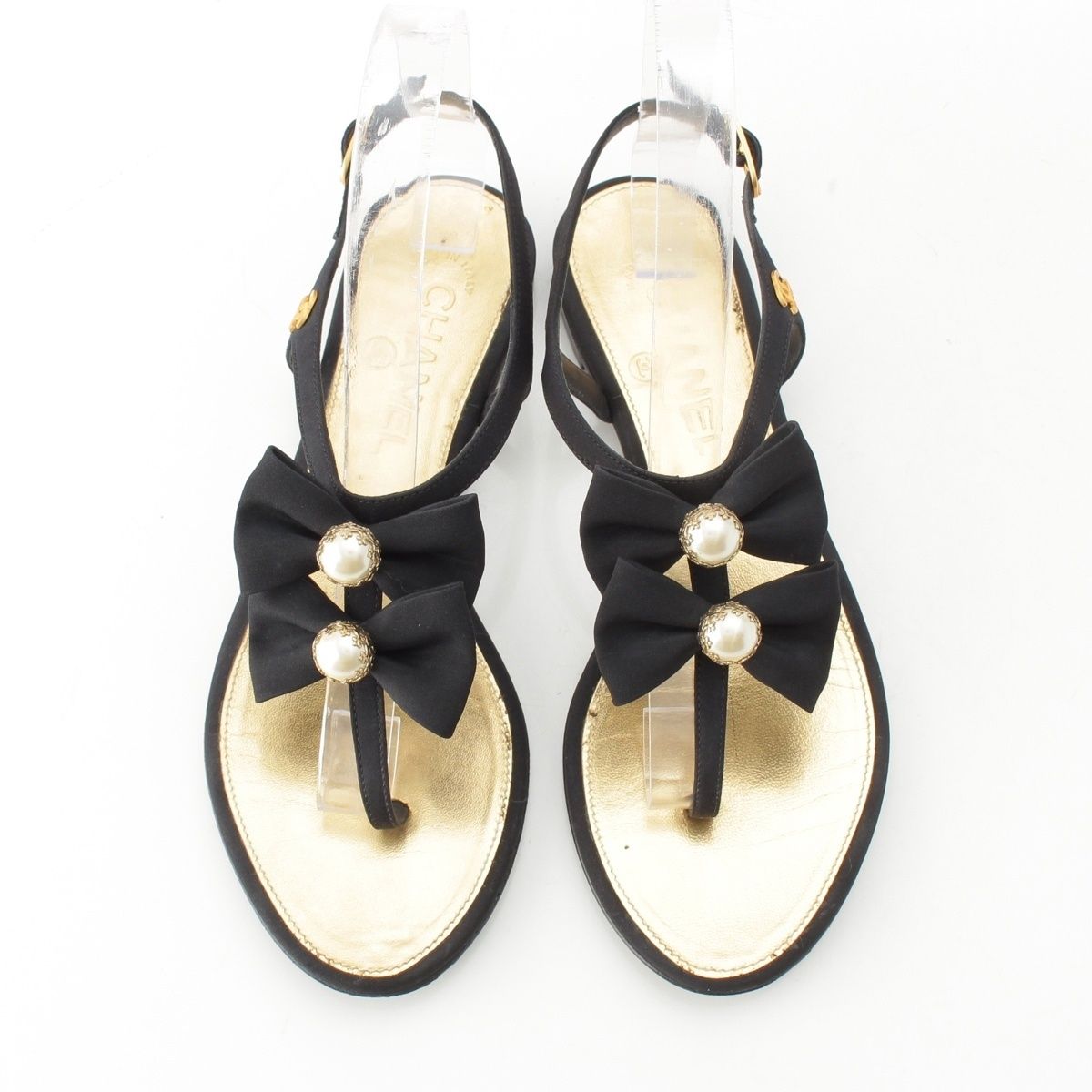 Chanel Pearl CC Logo Ribbon Sandals Black Gold 36 1 2C — view 2