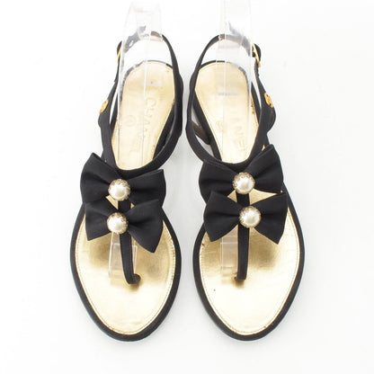 Chanel Pearl CC Logo Ribbon Sandals Black Gold 36 1 2C — view 2