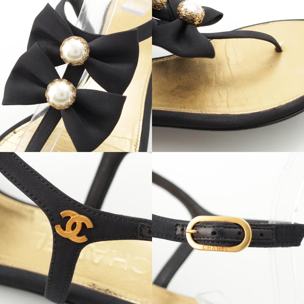 Chanel Pearl CC Logo Ribbon Sandals Black Gold 36 1 2C — view 9