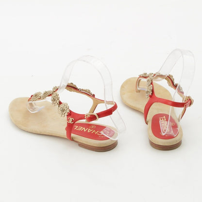 Chanel Leather CC Logo Camellia Suede Sandals Beige Red 36c — view 4
