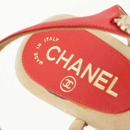 Chanel Leather CC Logo Camellia Suede Sandals Beige Red 36c — view 7