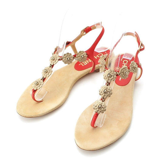 Chanel Leather CC Logo Camellia Suede Sandals Beige Red 36c