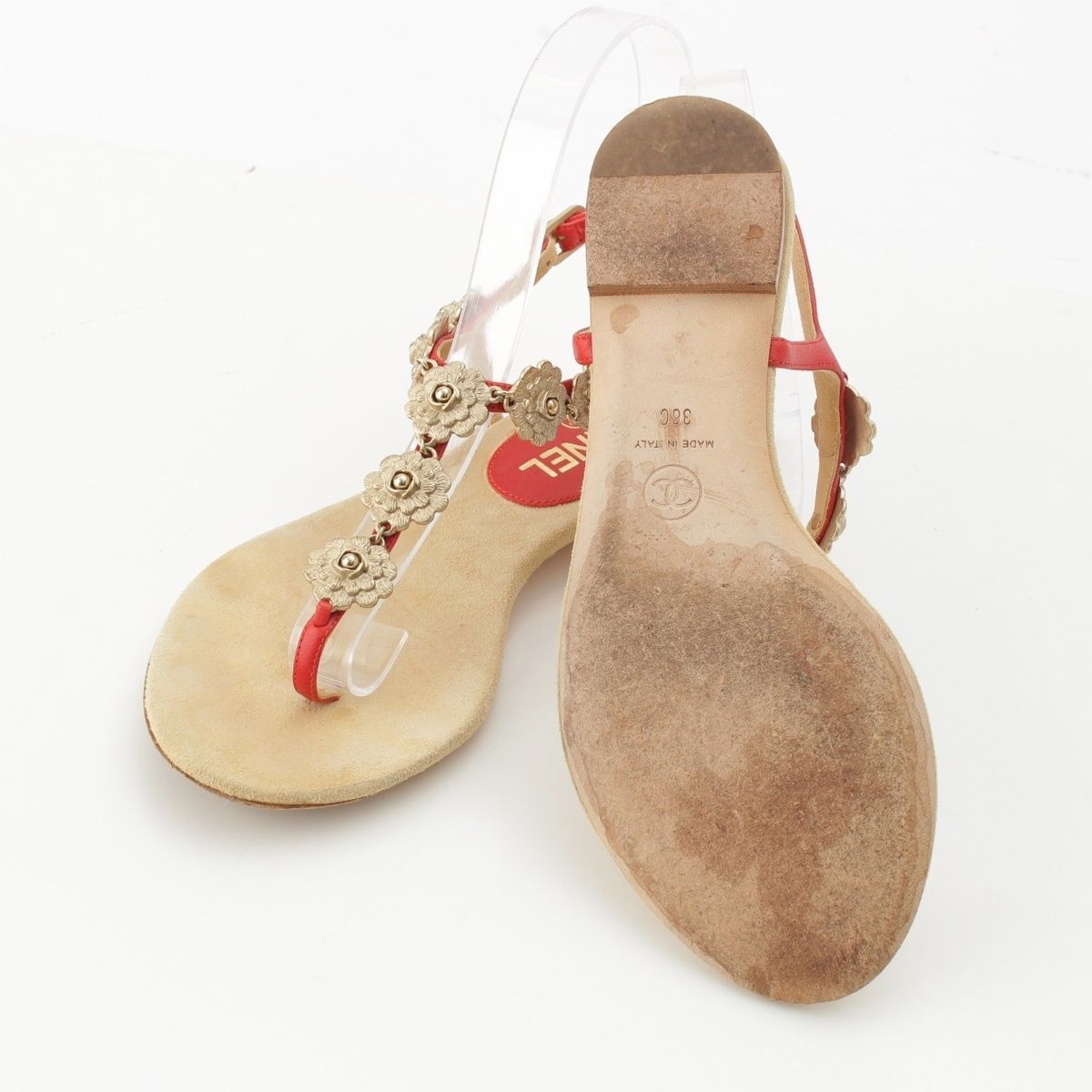 Chanel Leather CC Logo Camellia Suede Sandals Beige Red 36c — view 5