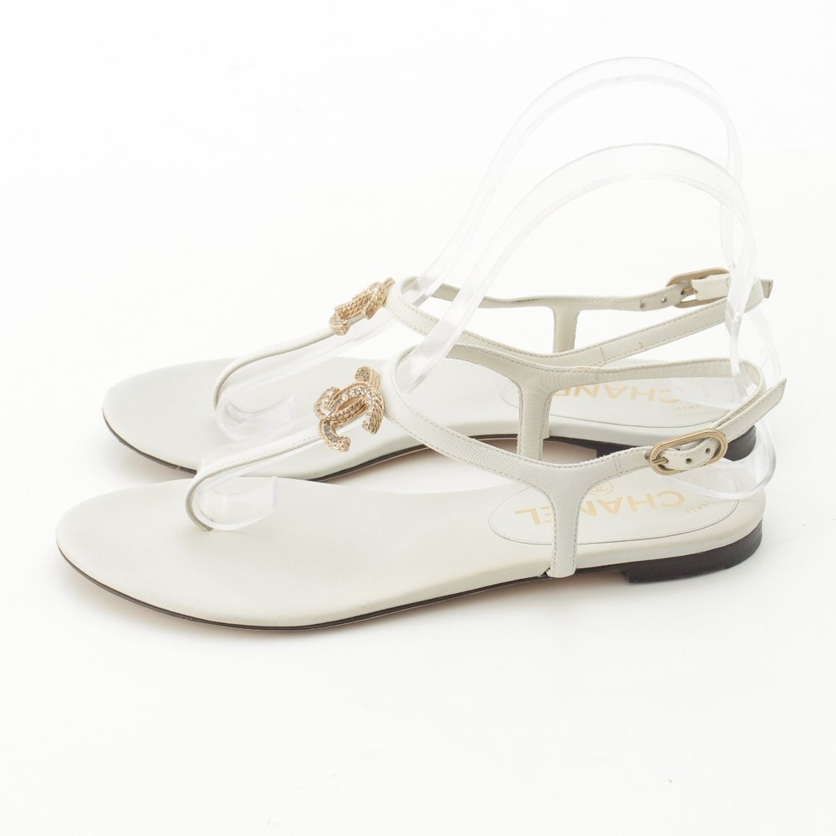 Chanel Leather CC Logo Rhinestone Strap Sandals White 36c — view 3