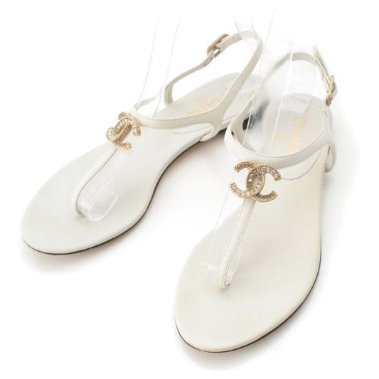 Chanel Leather CC Logo Rhinestone Strap Sandals White 36c