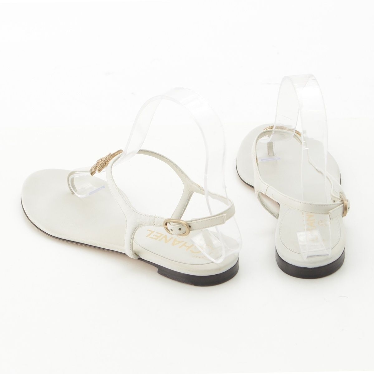 Chanel Leather CC Logo Rhinestone Strap Sandals White 36c — view 4