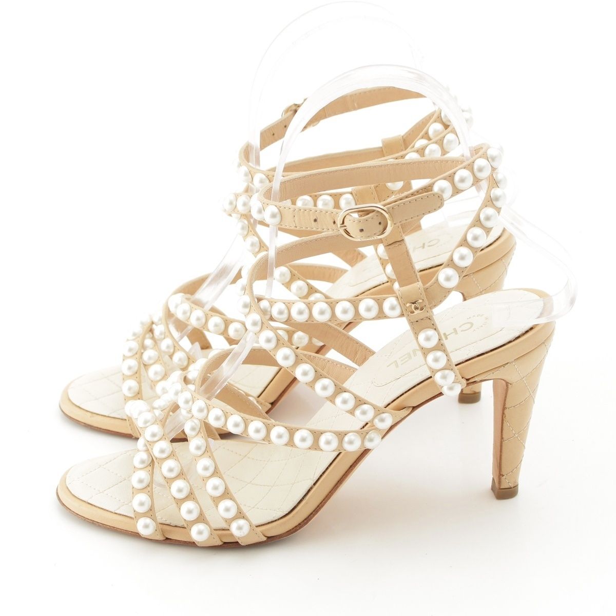 Chanel Leather Pearl CC Logo Strap Quilted Sandals Beige — view 3