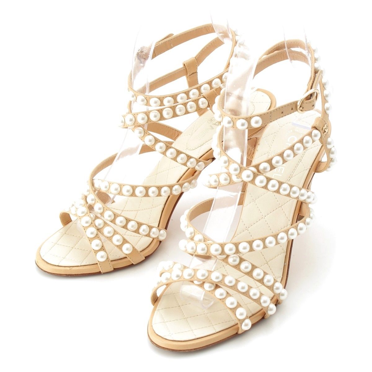 Chanel Leather Pearl CC Logo Strap Quilted Sandals Beige
