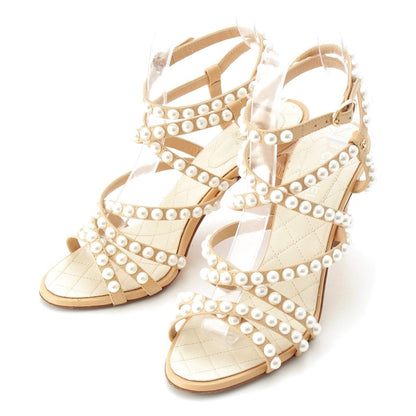 Chanel Leather Pearl CC Logo Strap Quilted Sandals Beige