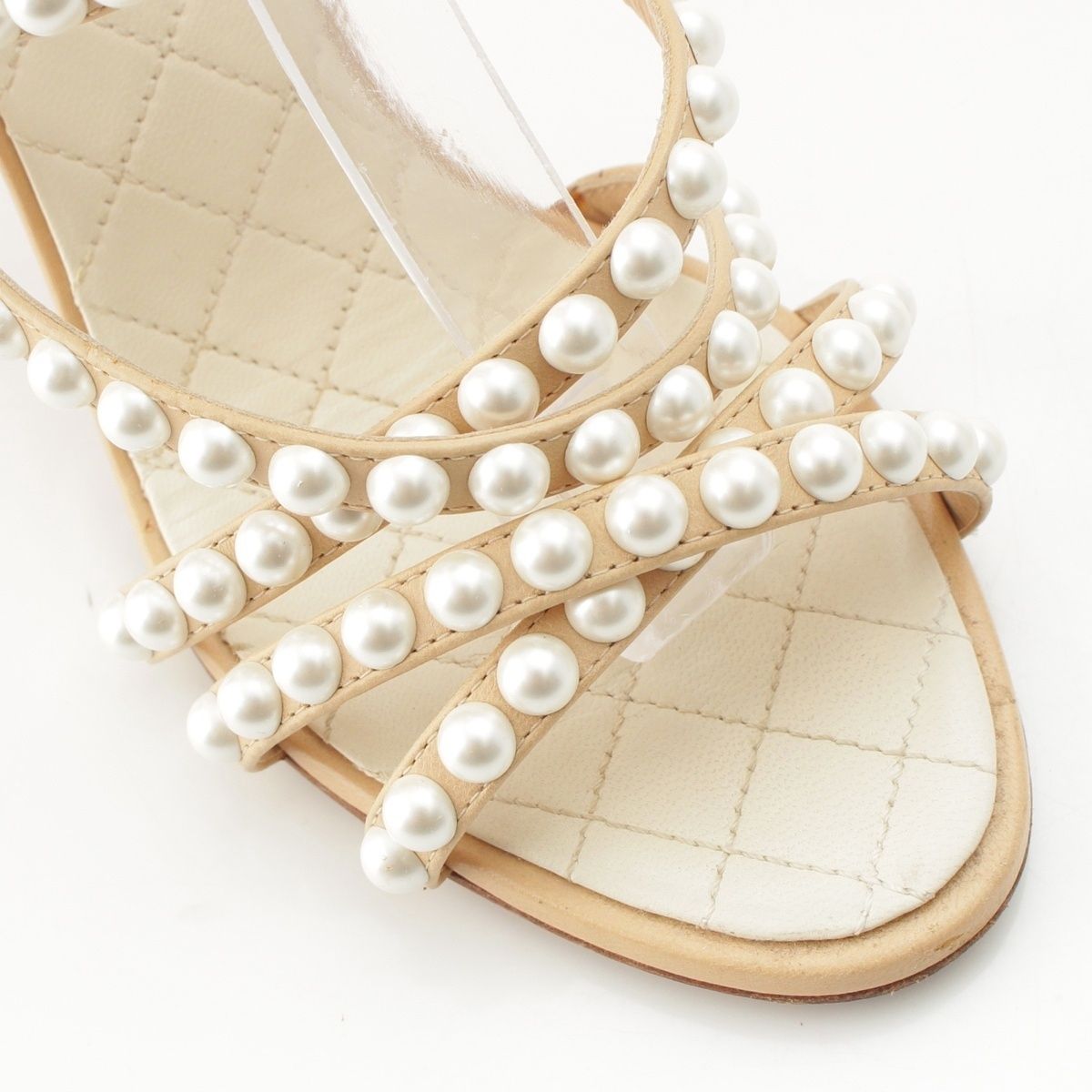 Chanel Leather Pearl CC Logo Strap Quilted Sandals Beige — view 6