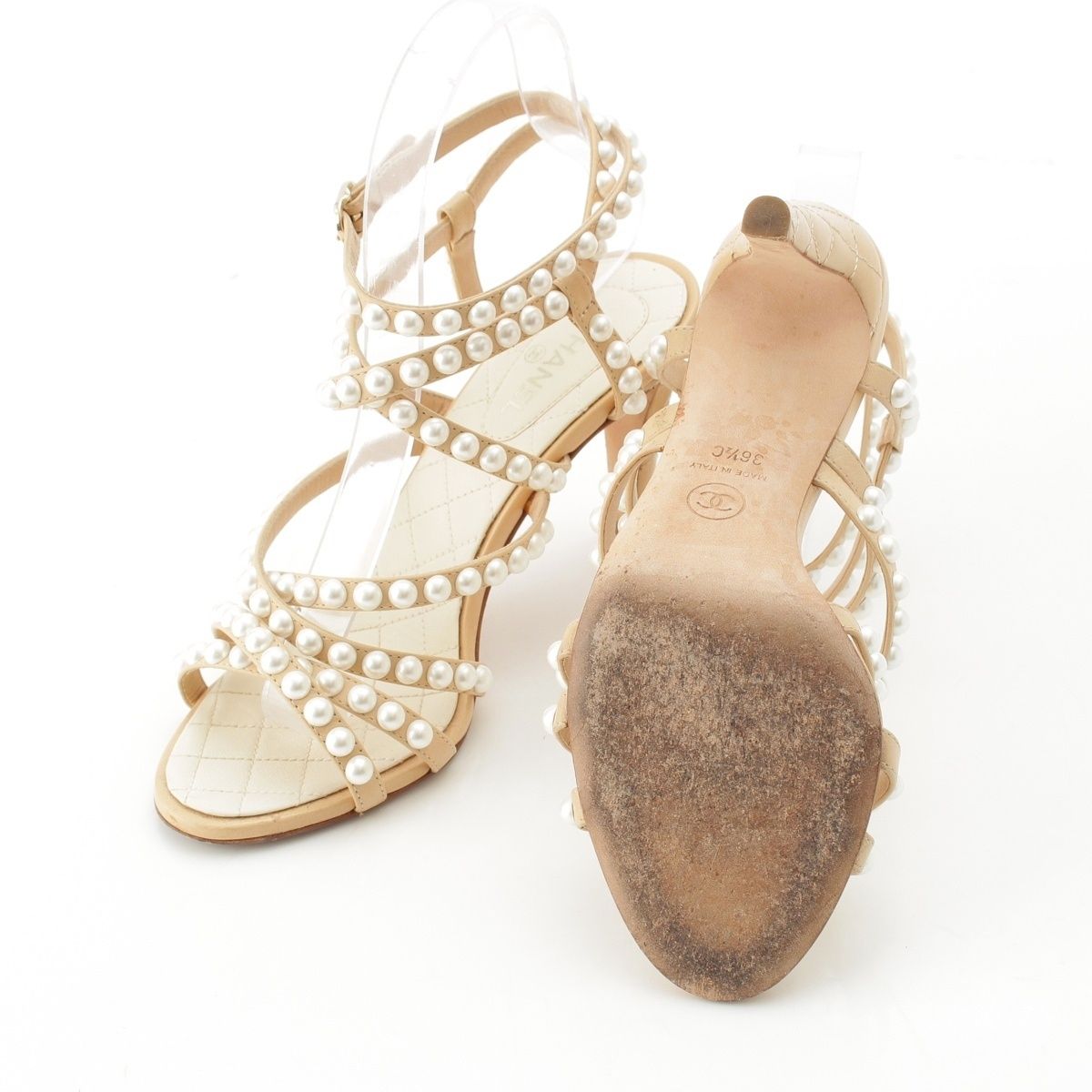 Chanel Leather Pearl CC Logo Strap Quilted Sandals Beige — view 5