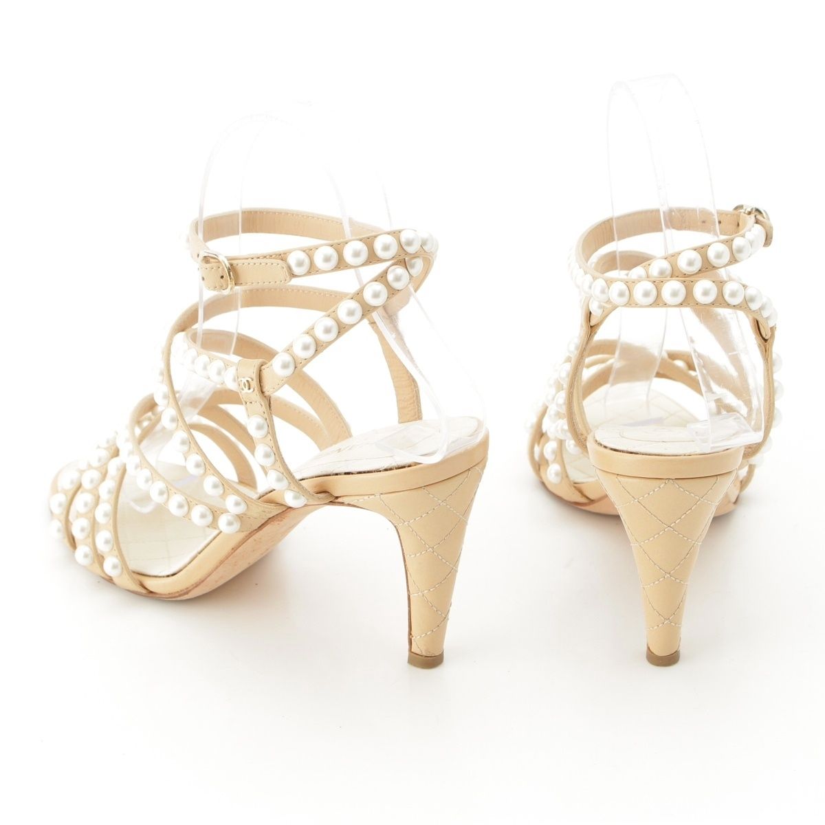 Chanel Leather Pearl CC Logo Strap Quilted Sandals Beige — view 4