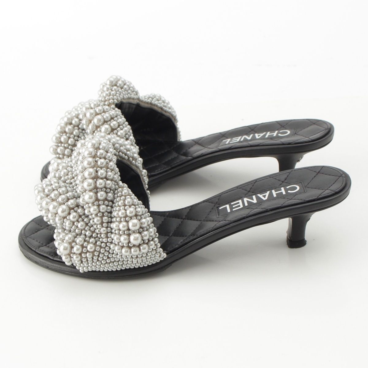 Chanel Pearl CC Logo Heels Gladiator Sandals Black — view 3