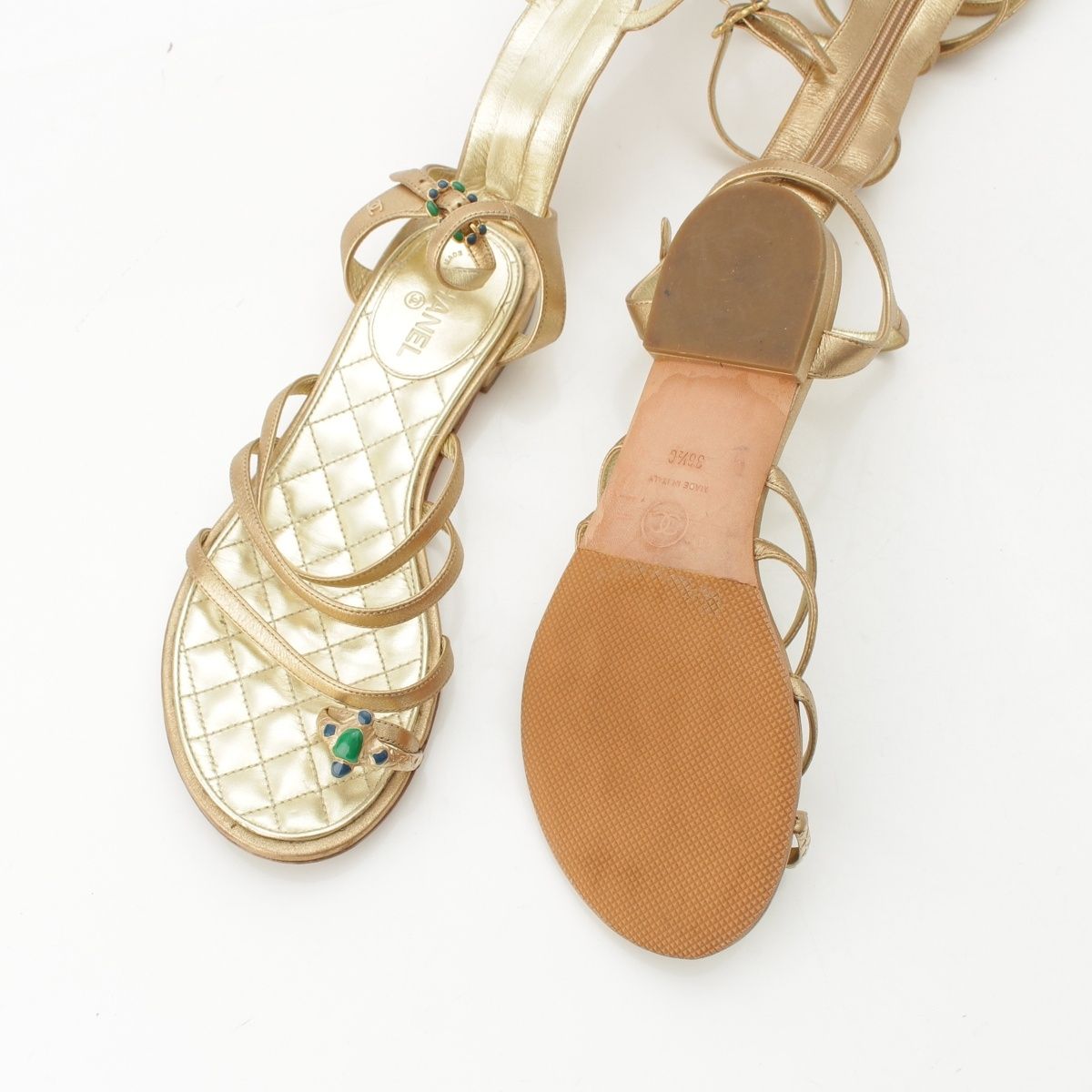 Chanel Leather CC Logo Gripoix Gladiator Sandals Gold — view 6