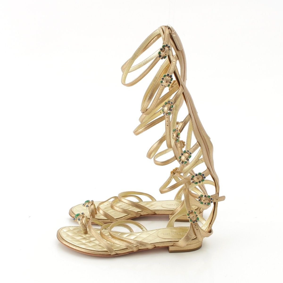 Chanel Leather CC Logo Gripoix Gladiator Sandals Gold — view 3