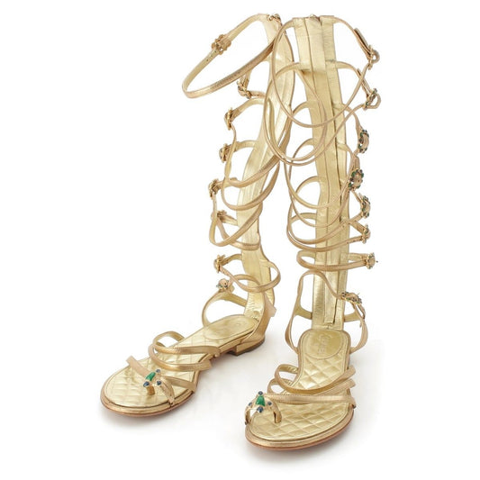 Chanel Leather CC Logo Gripoix Gladiator Sandals Gold