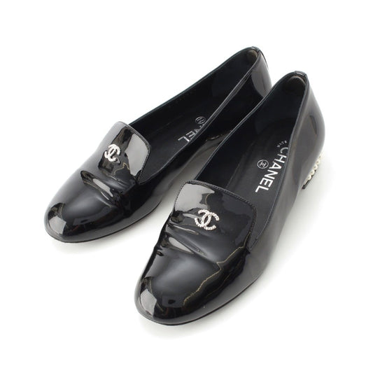 Chanel Pearl Patent Leather CC Logo Loafers Black