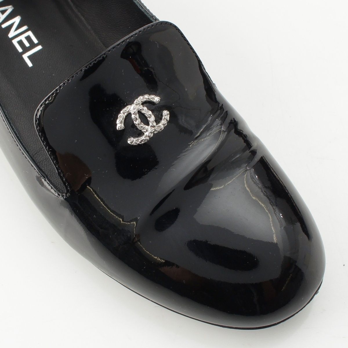Chanel Pearl Patent Leather CC Logo Loafers Black — view 6