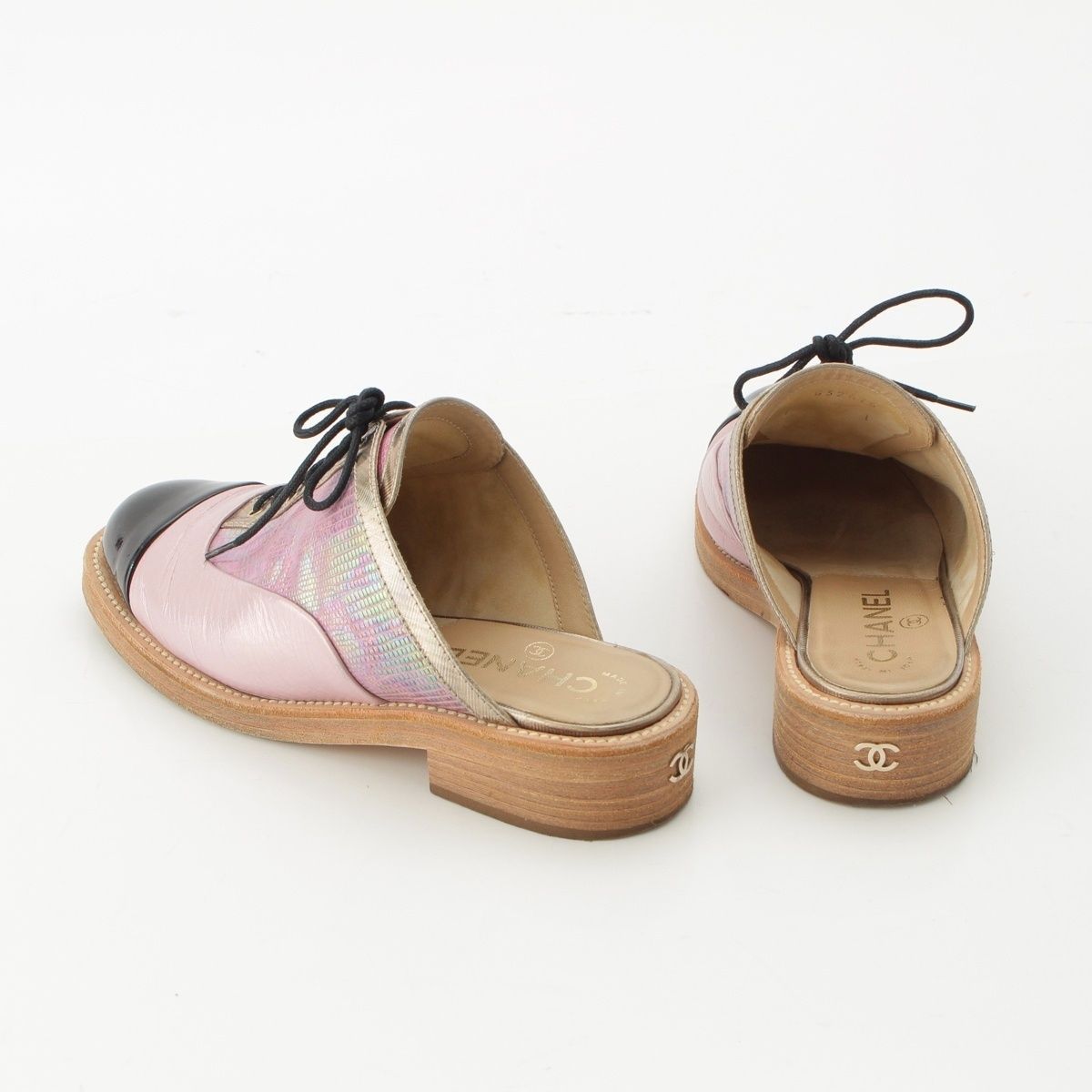 Chanel Leather CC Logo Oxford Mules Pink Black — view 4