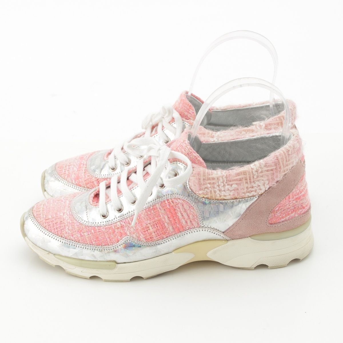 Chanel Tweed CC Logo Sneakers Pink Silver — view 3