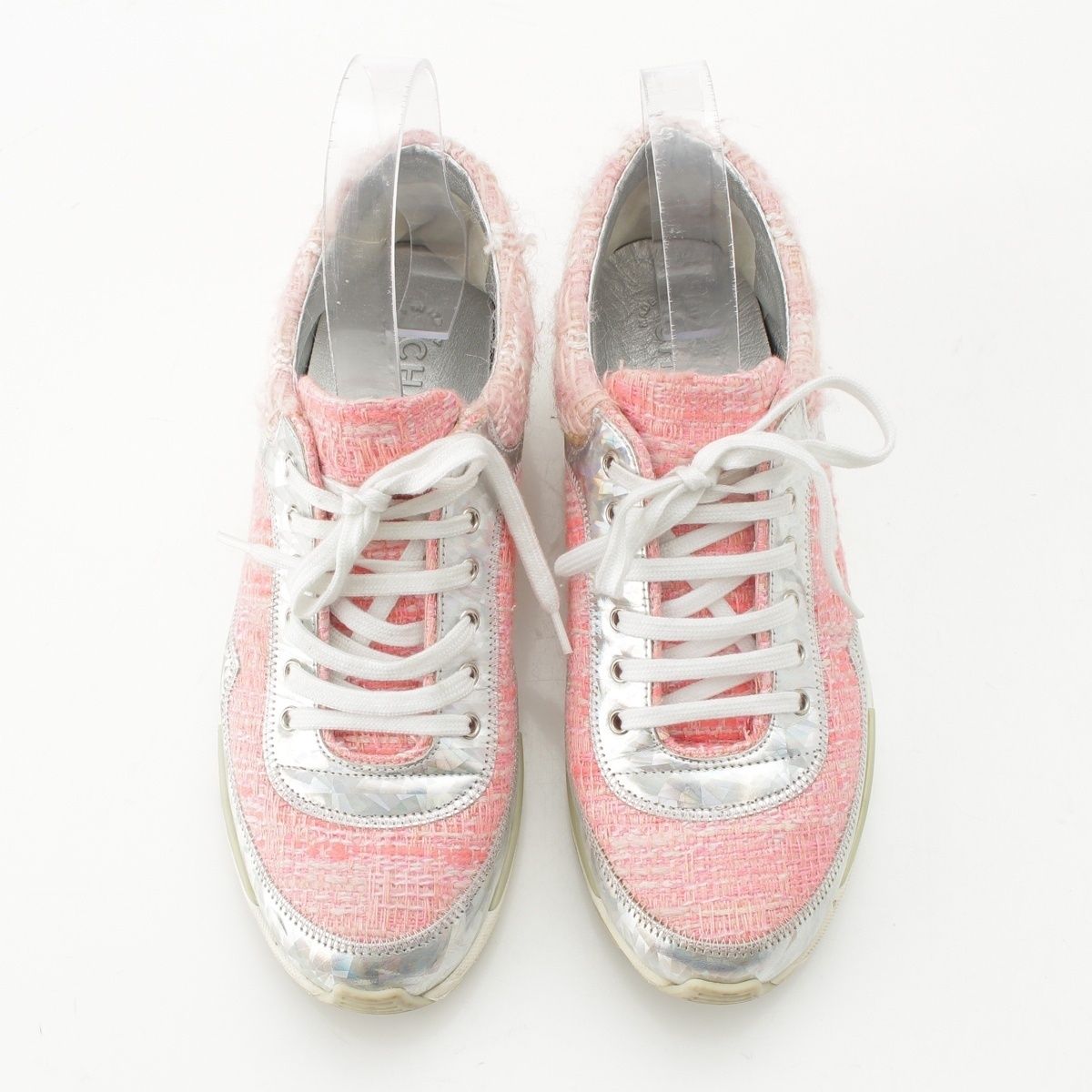 Chanel Tweed CC Logo Sneakers Pink Silver — view 2