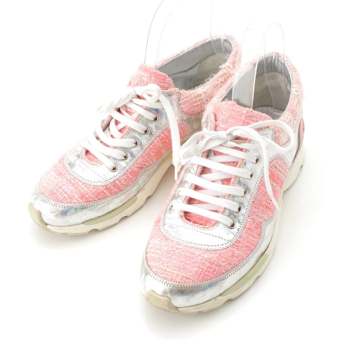 Chanel Tweed CC Logo Sneakers Pink Silver