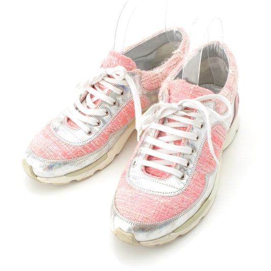 Chanel Tweed CC Logo Sneakers Pink Silver