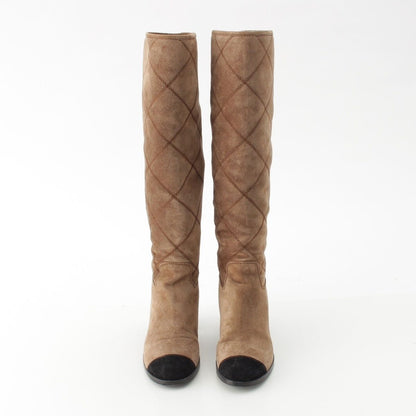 Chanel Suede CC Logo Quilted Long Boots Brown — view 2