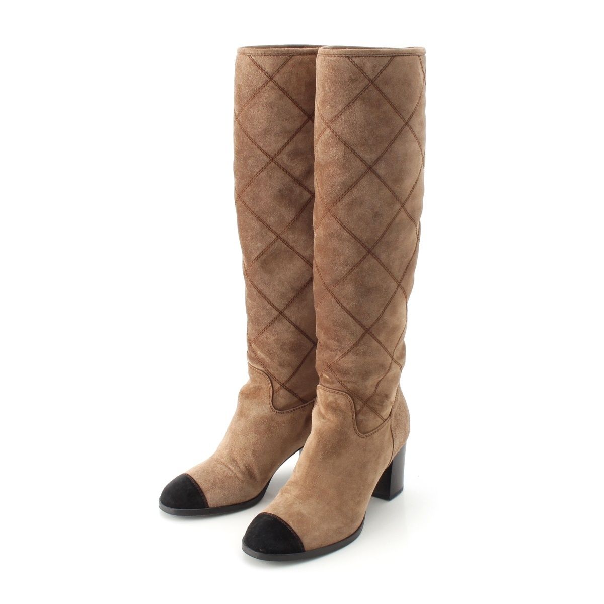 Chanel Suede CC Logo Quilted Long Boots Brown
