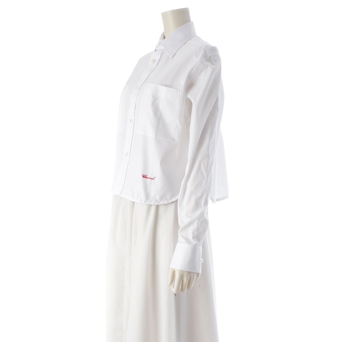 Chanel Charvet Cotton Poplin Long Sleeve Chain Pearl Cropped Shirt Blouse White — view 2