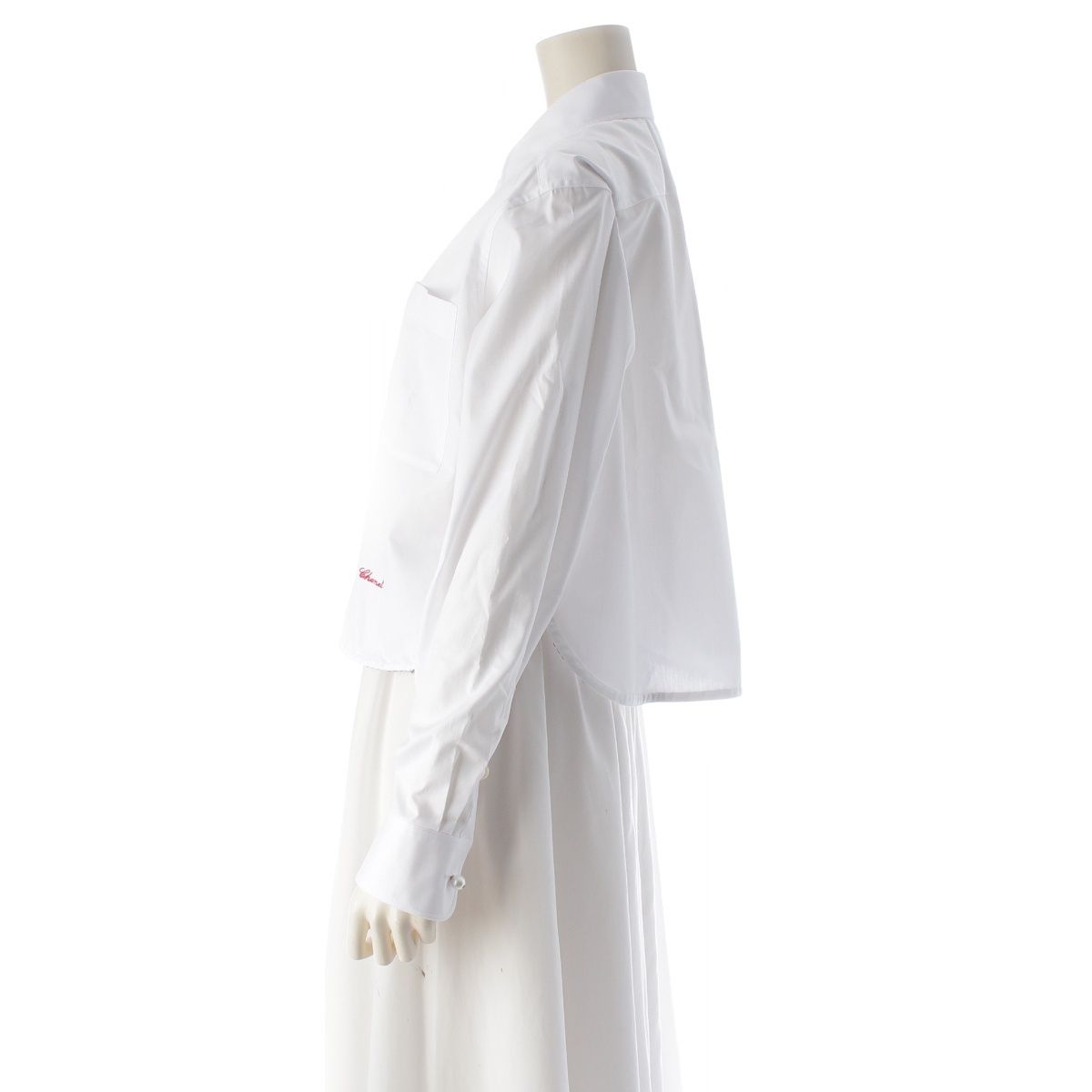 Chanel Charvet Cotton Poplin Long Sleeve Chain Pearl Cropped Shirt Blouse White — view 3