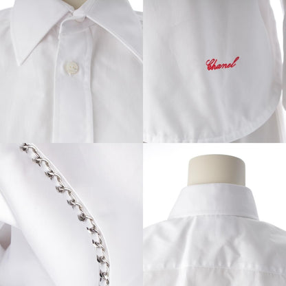 Chanel Charvet Cotton Poplin Long Sleeve Chain Pearl Cropped Shirt Blouse White — view 8
