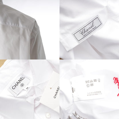Chanel Charvet Cotton Poplin Long Sleeve Chain Pearl Cropped Shirt Blouse White — view 9