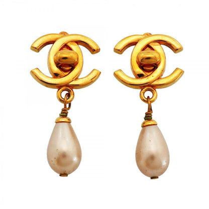 Chanel Earrings Vintage CC Logo Turnlock Gold Plated Faux Pearl