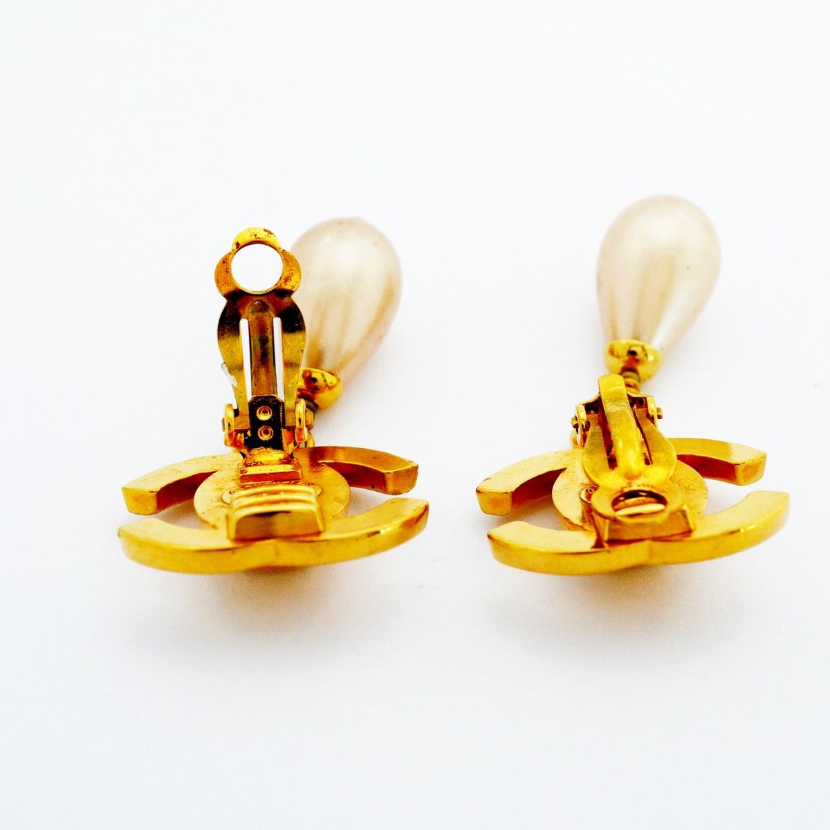 Chanel Earrings Vintage CC Logo Turnlock Gold Plated Faux Pearl — view 3
