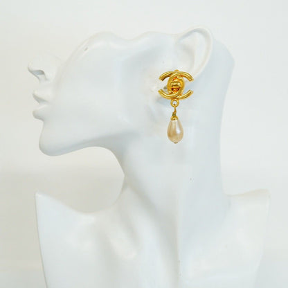 Chanel Earrings Vintage CC Logo Turnlock Gold Plated Faux Pearl — view 5