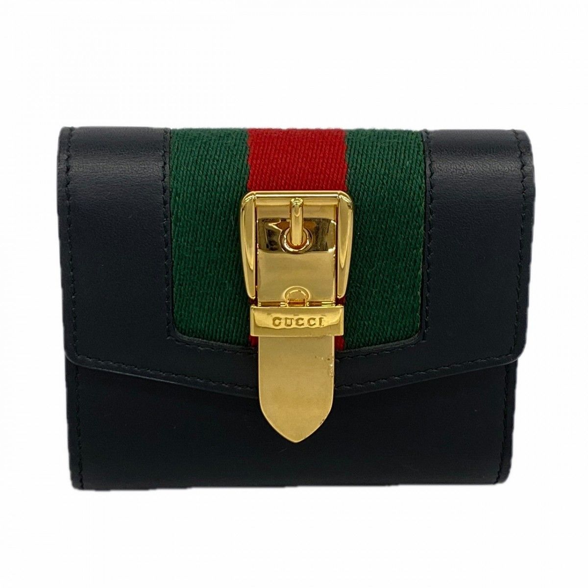 Gucci Trifold Wallet Sherry Line Leather Black Gold